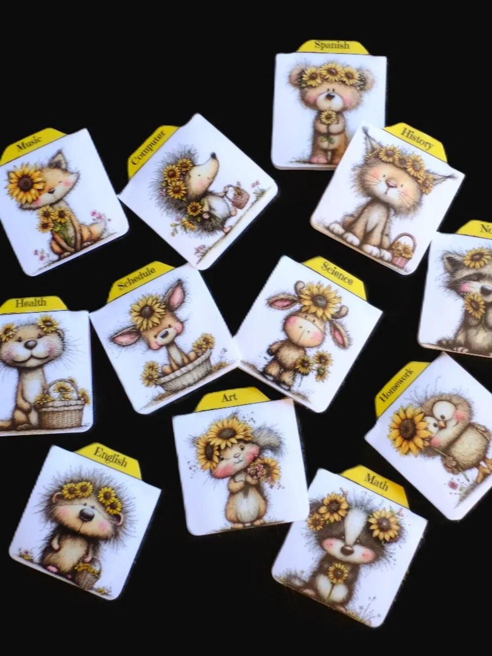 Handmade School Subject Magnetic Tabs, dividers, whimsical animals sunflowers